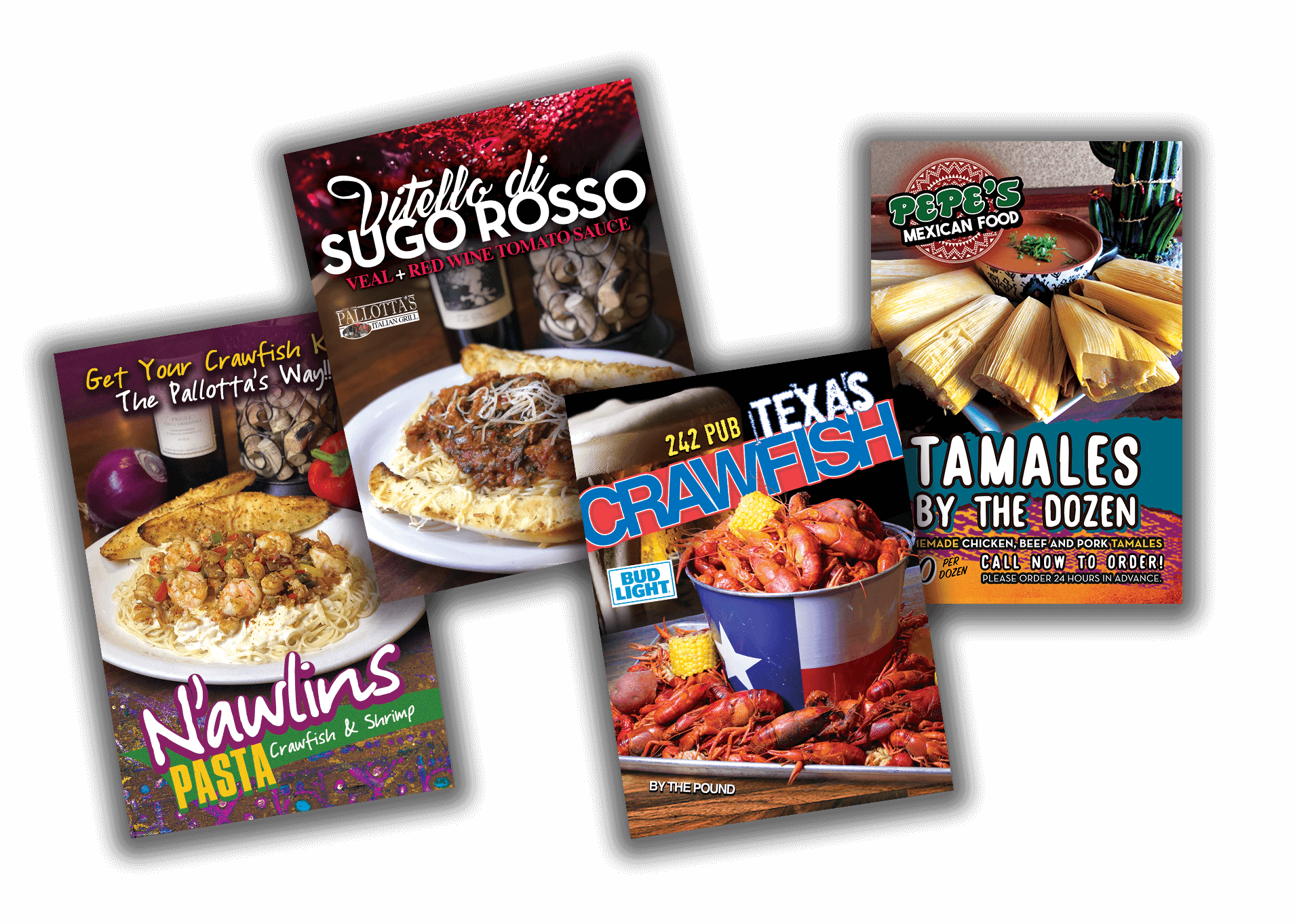 local restaurant printed monthly promotional posters, flyers, and table tents